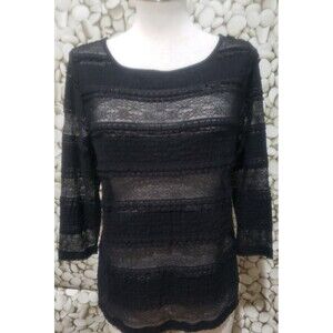 Lauren Ralph Lauren Top Womens Size Medium Black Lace Sheer Shirt Blouse